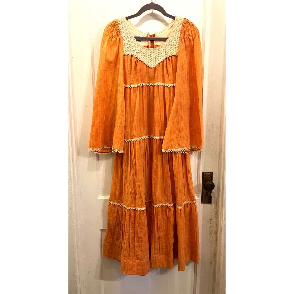 Vintage TRIVIA Orange White Tiered Y2K Maxi Prairie Dress  Women's Size 8 - Picture 2 of 9